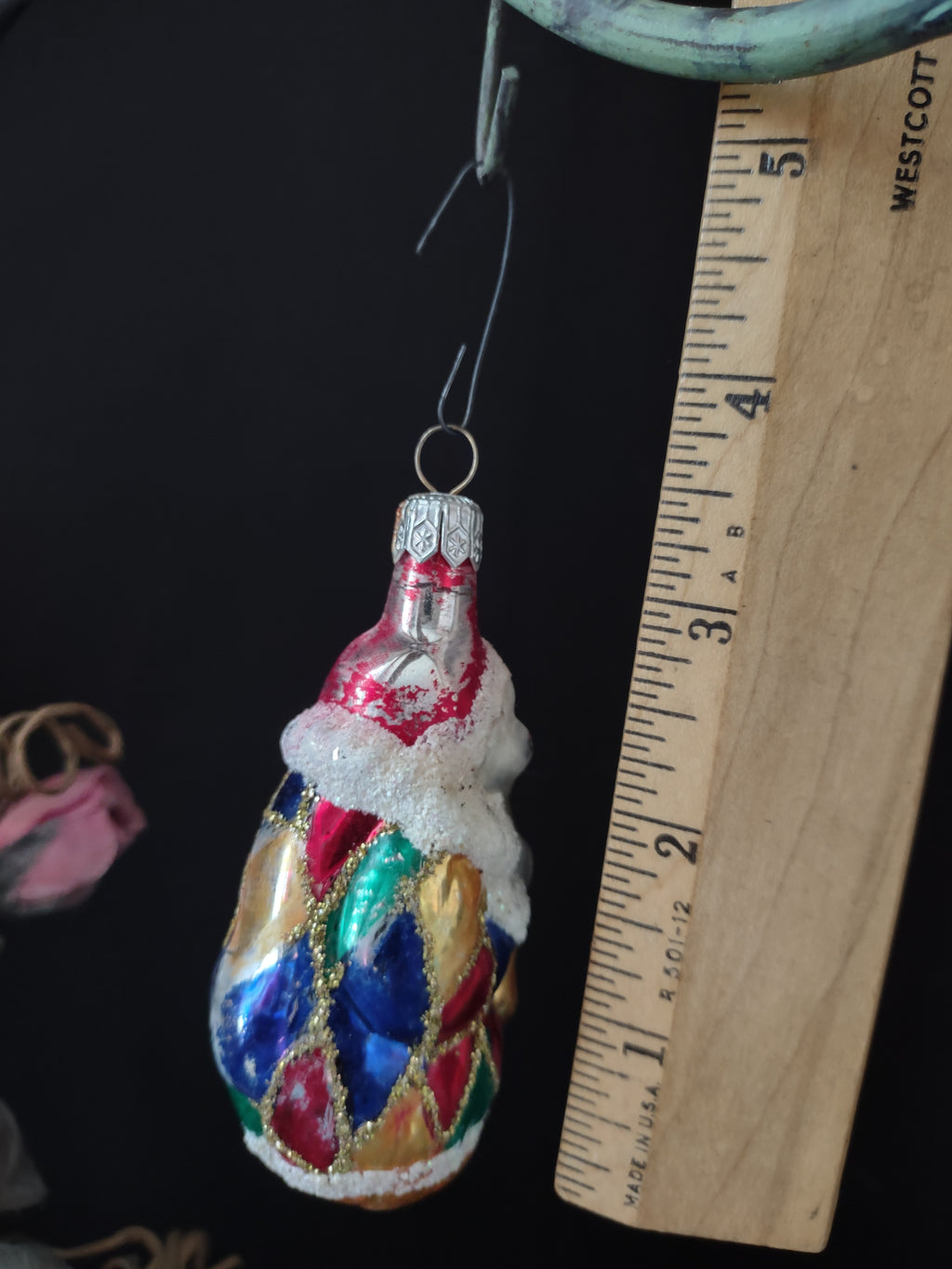Vintage Poland Glass Clown Christmas Ornament Red Green Blue Gold 3 Inch [8093]
