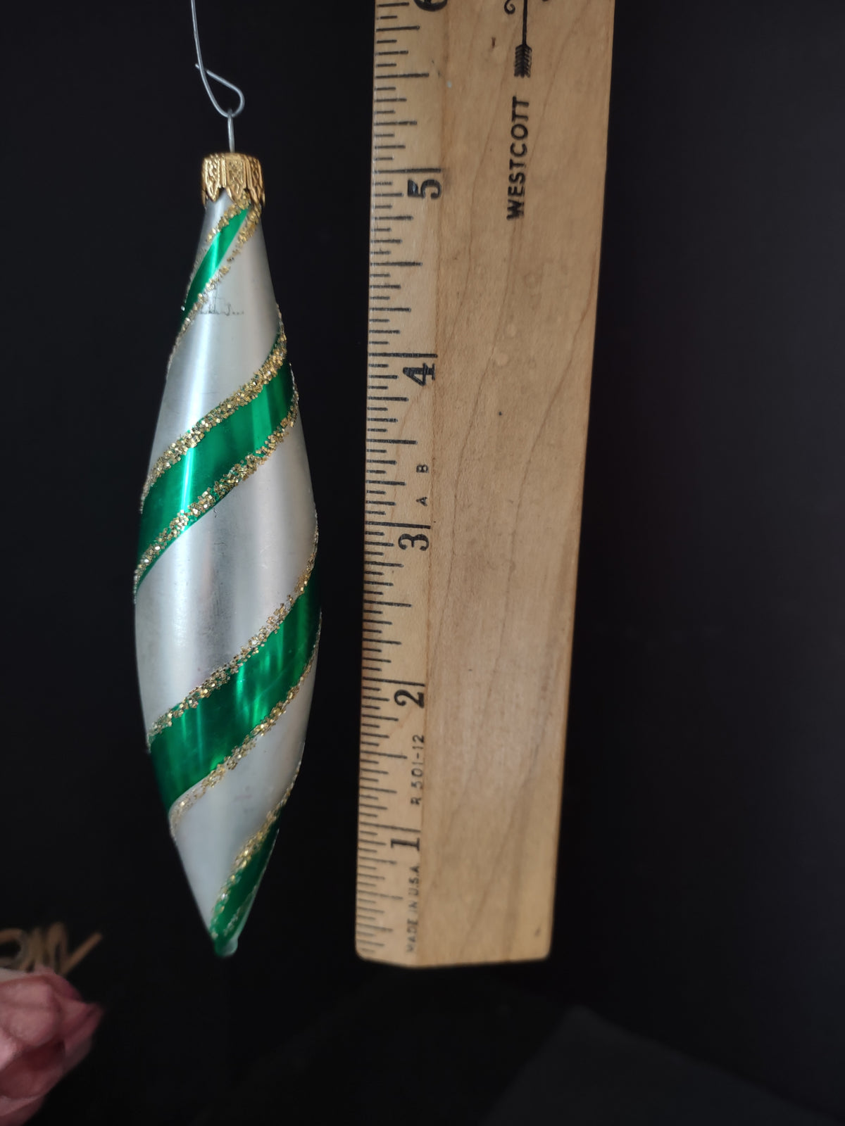 Vintage Columbia Christmas Ornament Green White Silver Gold Icicle 4 Inch [8094]