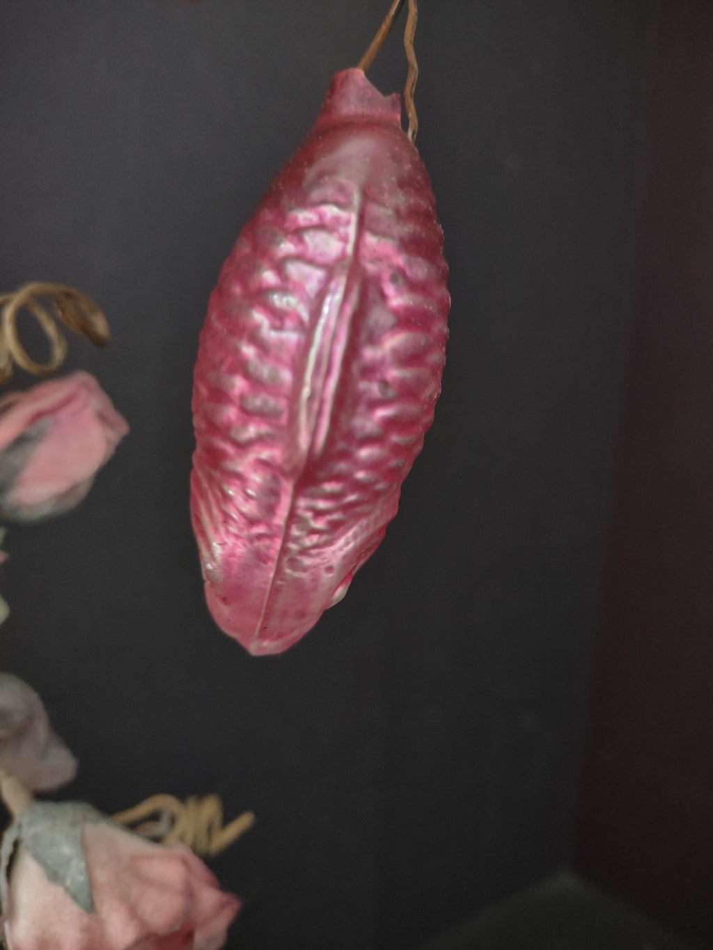 Vintage Pink Glass Christmas Ornament Ribbed Textured Imperfect [8095]