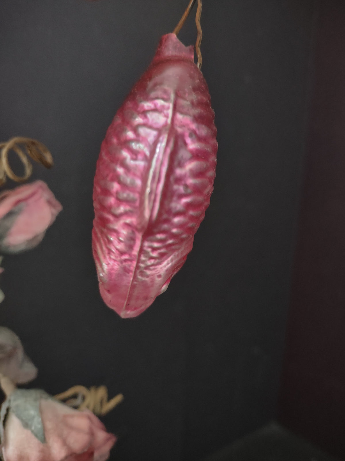 Vintage Pink Glass Christmas Ornament Ribbed Textured Imperfect [8095]