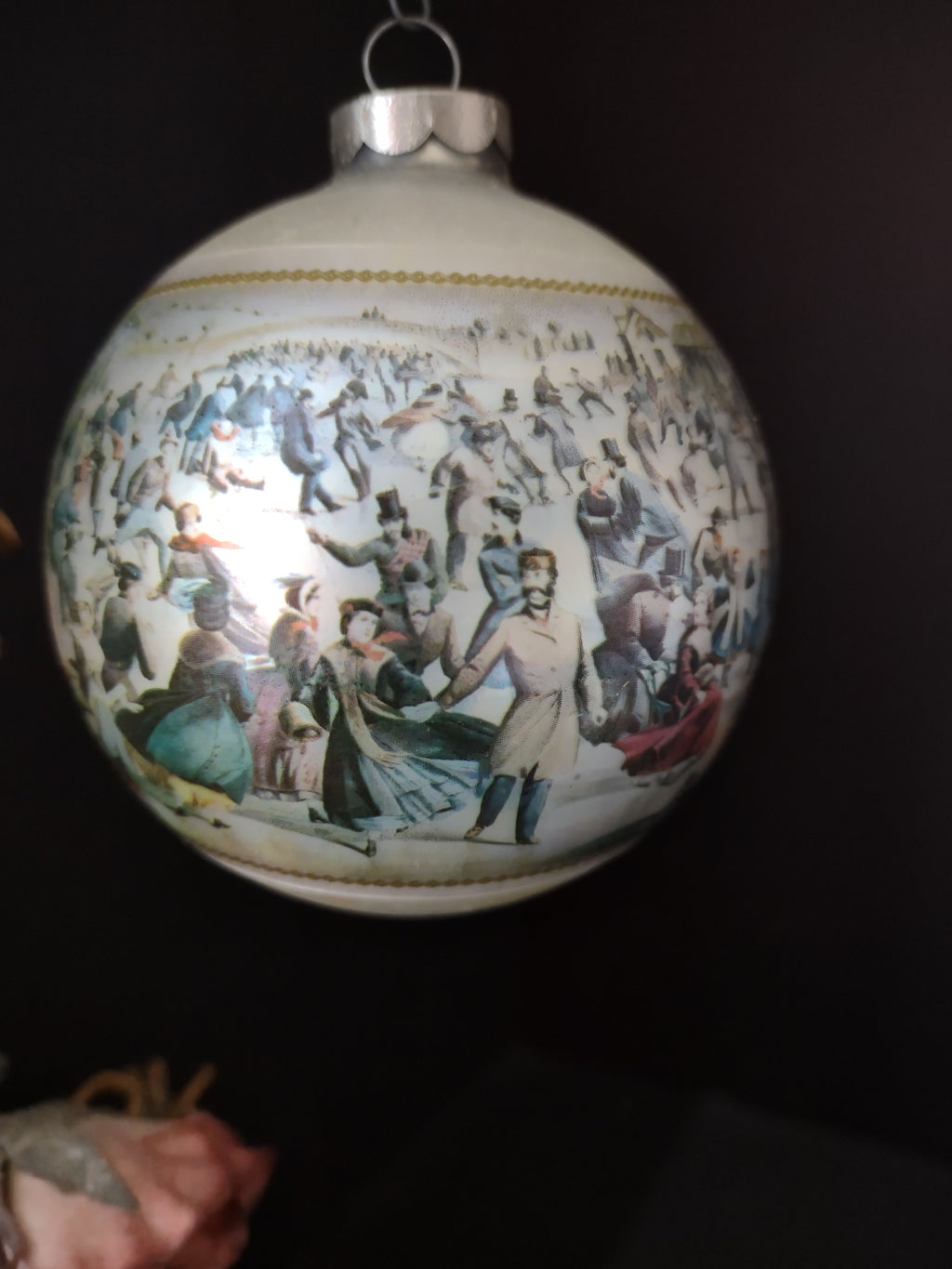 Vintage Christmas Ornament Off-White Round Dancing Scene Reproduction [8097]