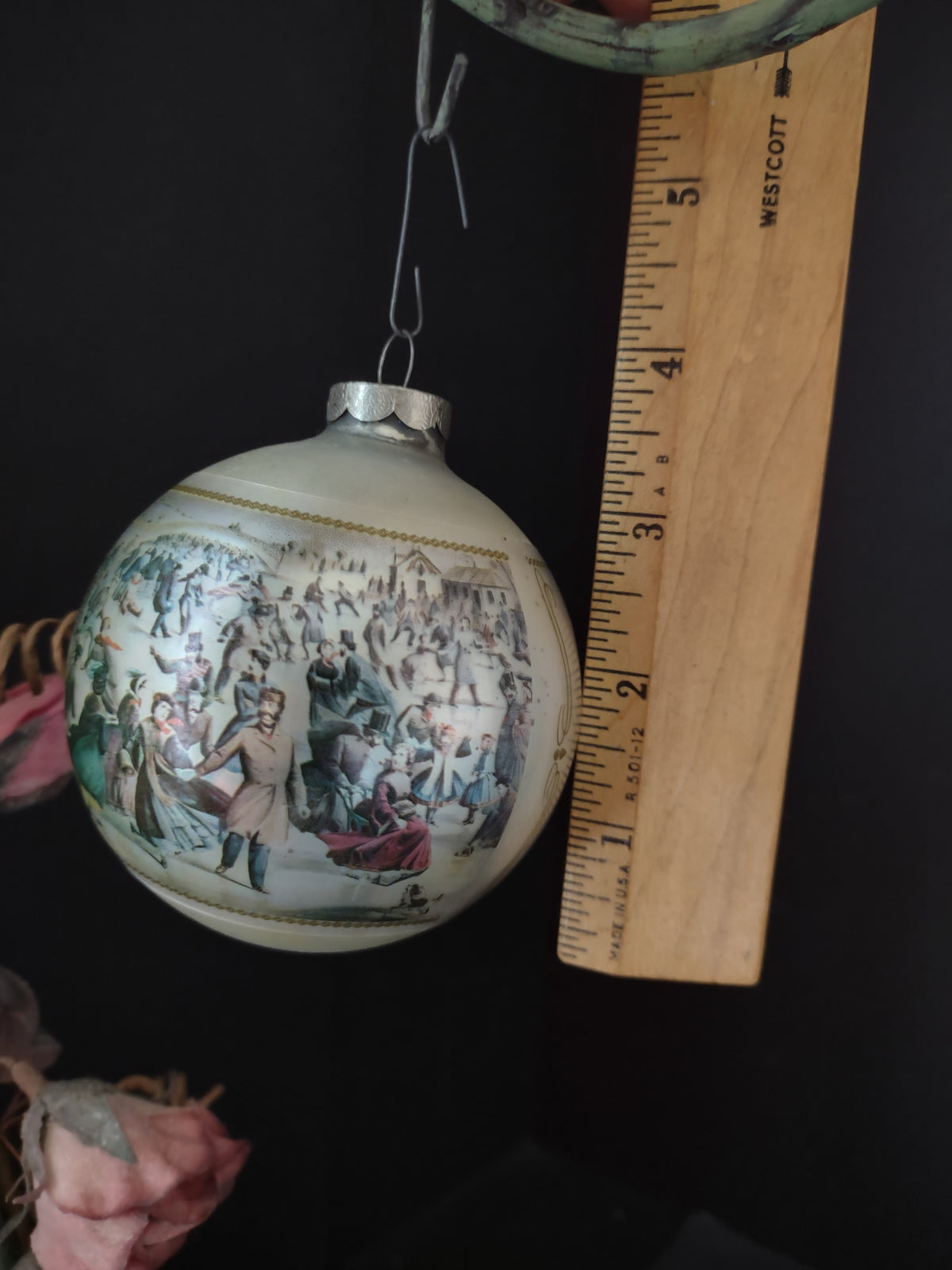 Vintage Christmas Ornament Off-White Round Dancing Scene Reproduction [8097]