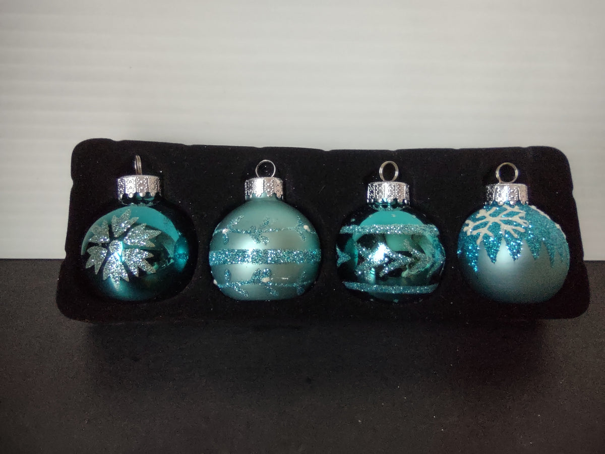 Vintage Christmas Ornaments Set of 4 Turquoise Flat Bottom Silver Glitter [8101]