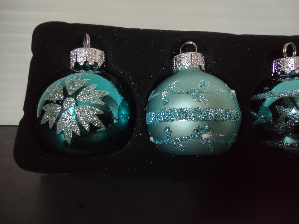 Vintage Christmas Ornaments Set of 4 Turquoise Flat Bottom Silver Glitter [8101]