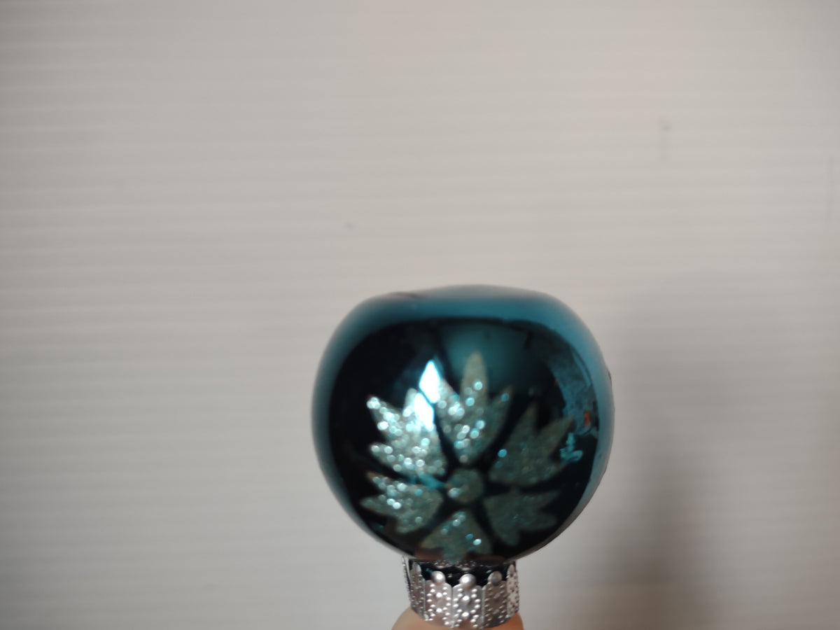 Vintage Christmas Ornaments Set of 4 Turquoise Flat Bottom Silver Glitter [8101]