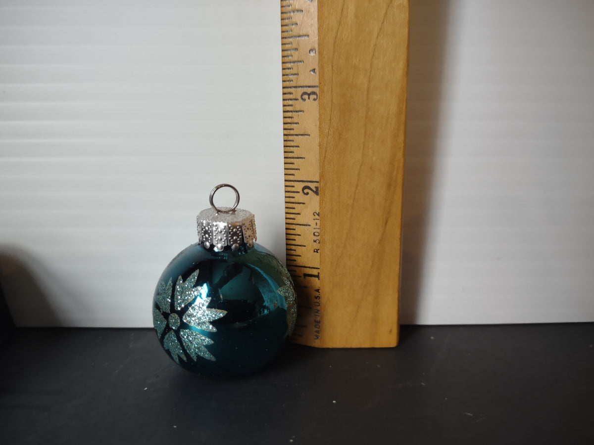 Vintage Christmas Ornaments Set of 4 Turquoise Flat Bottom Silver Glitter [8101]