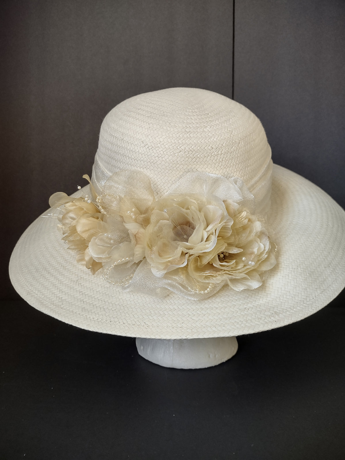 Vintage Cappelli Off-White Wide Brim Floral Sun Hat Cream Flowers [8116n]