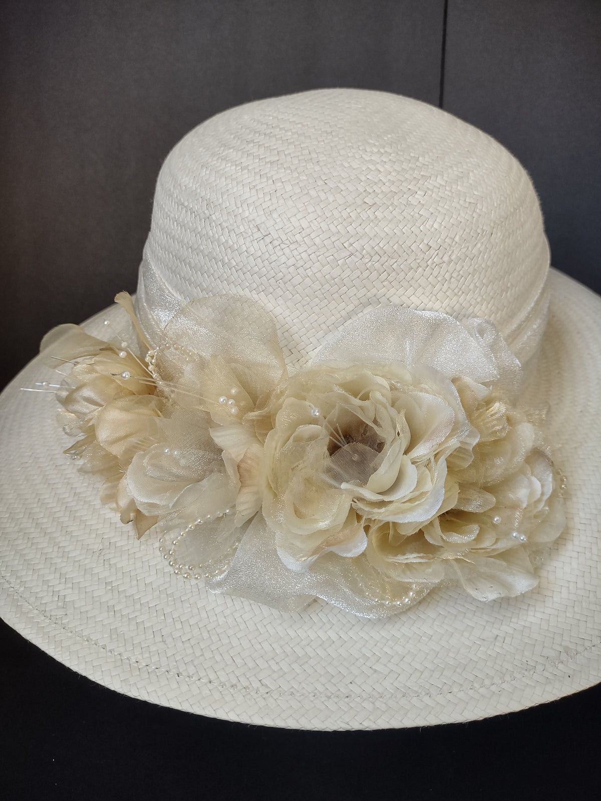 Vintage Cappelli Off-White Wide Brim Floral Sun Hat Cream Flowers [8116n]