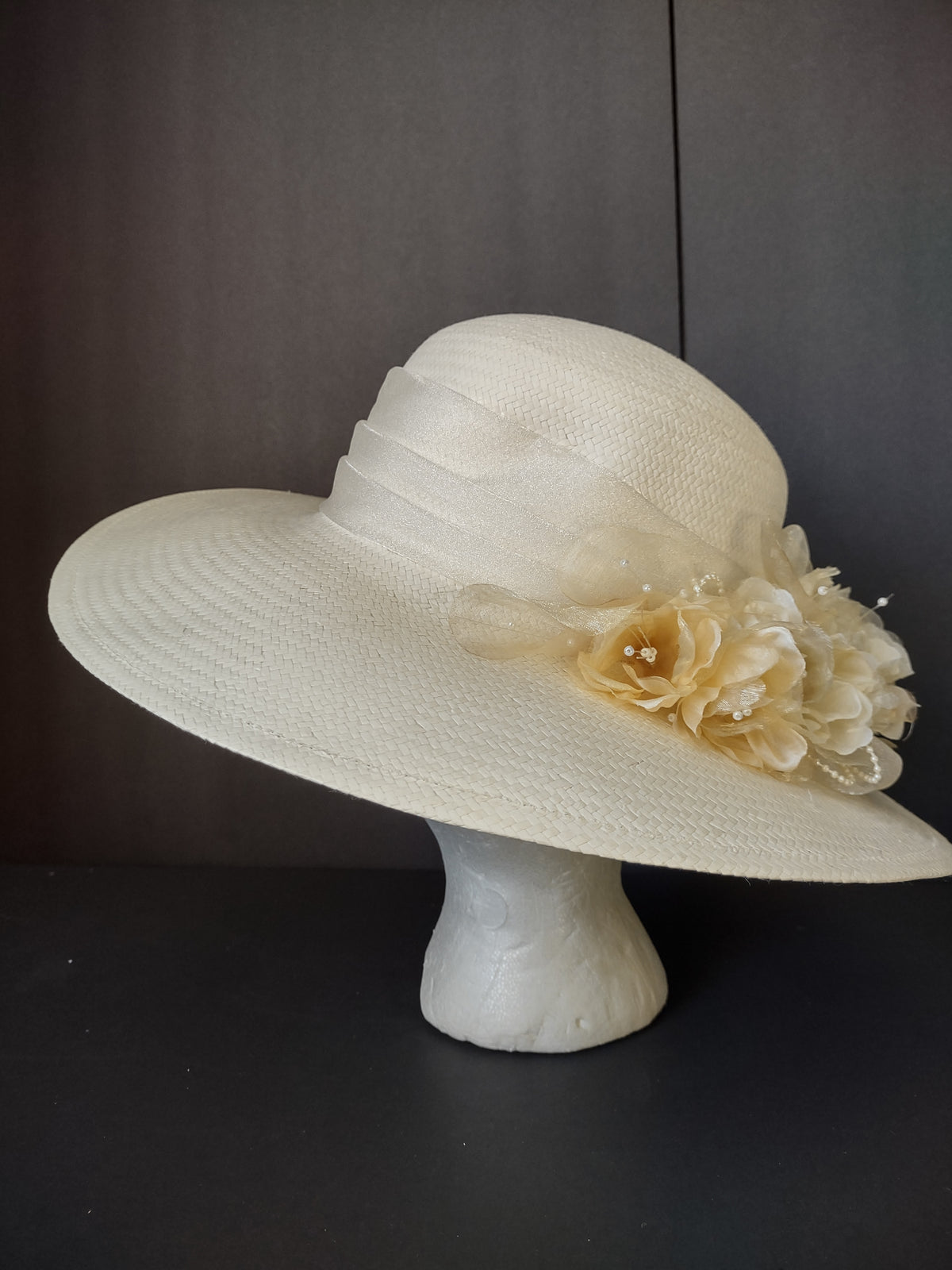Vintage Cappelli Off-White Wide Brim Floral Sun Hat Cream Flowers [8116n]