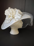 Vintage Georgi White Wide Brim Floral Hat with Net Veil Wedding Garden Party [8117n]