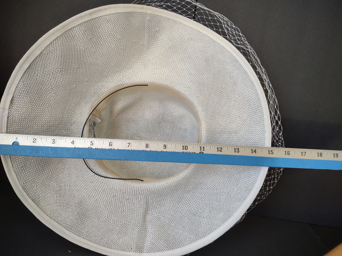 Vintage Georgi White Wide Brim Floral Hat with Net Veil Wedding Garden Party [8117n]