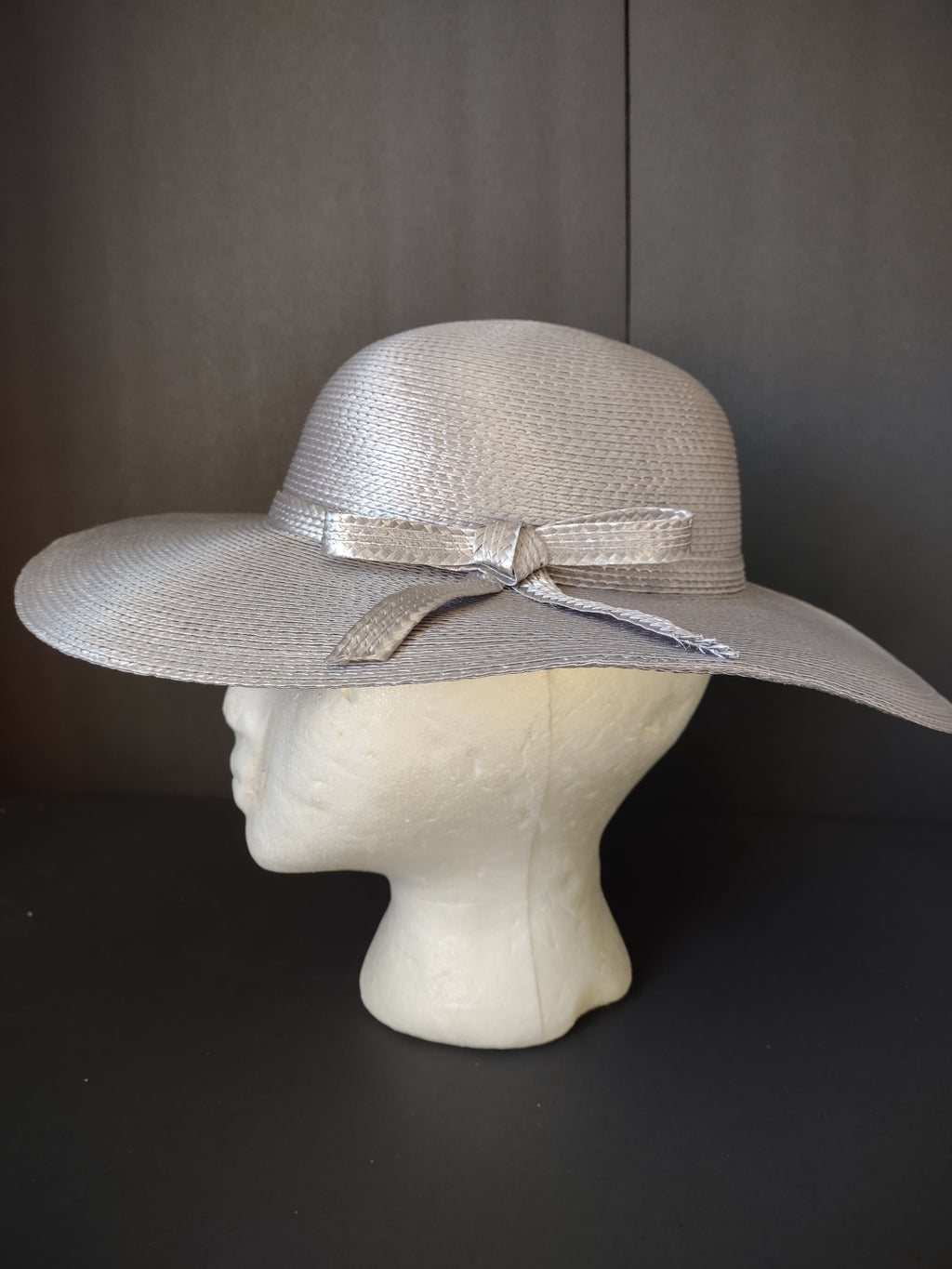 Vintage Silver Gray Wide Brim Woven Hat with Bow Women's Dress Hat [8118n]