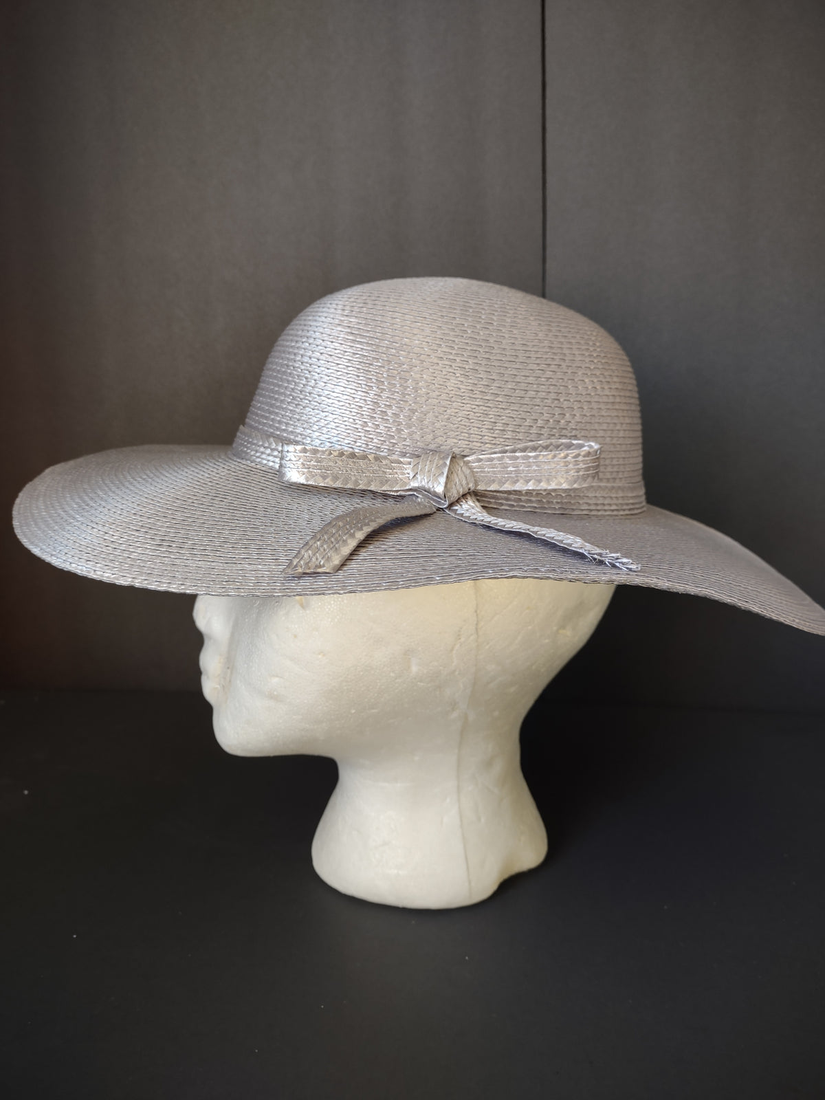 Vintage Silver Gray Wide Brim Woven Hat with Bow Women's Dress Hat [8118n]