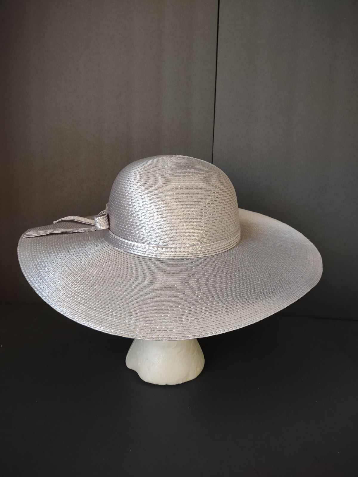 Vintage Silver Gray Wide Brim Woven Hat with Bow Women's Dress Hat [8118n]