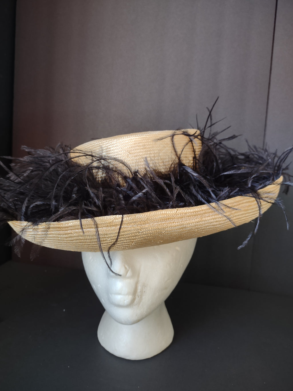 Vintage Gold Woven Wide Brim Hat Black Feather Trim Women's Dress Hat [8119n]