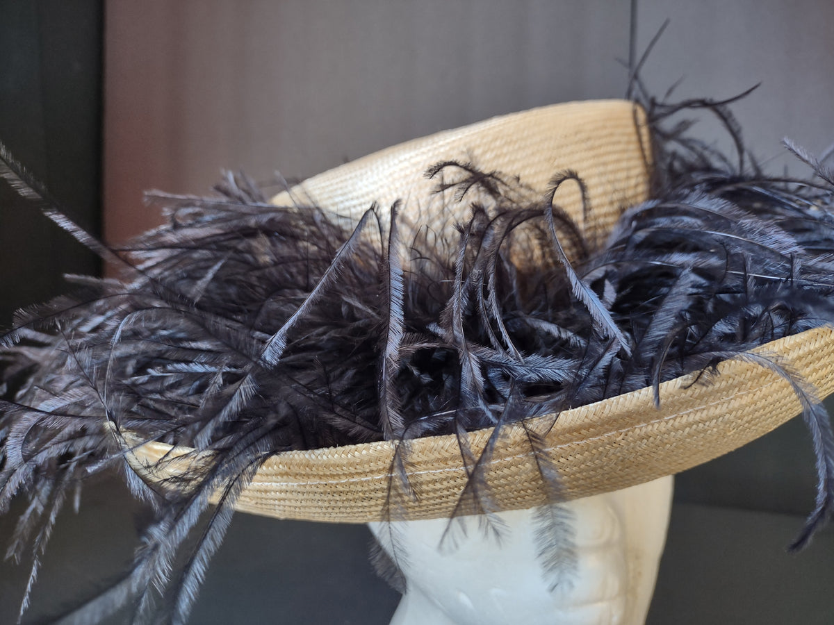 Vintage Gold Woven Wide Brim Hat Black Feather Trim Women's Dress Hat [8119n]