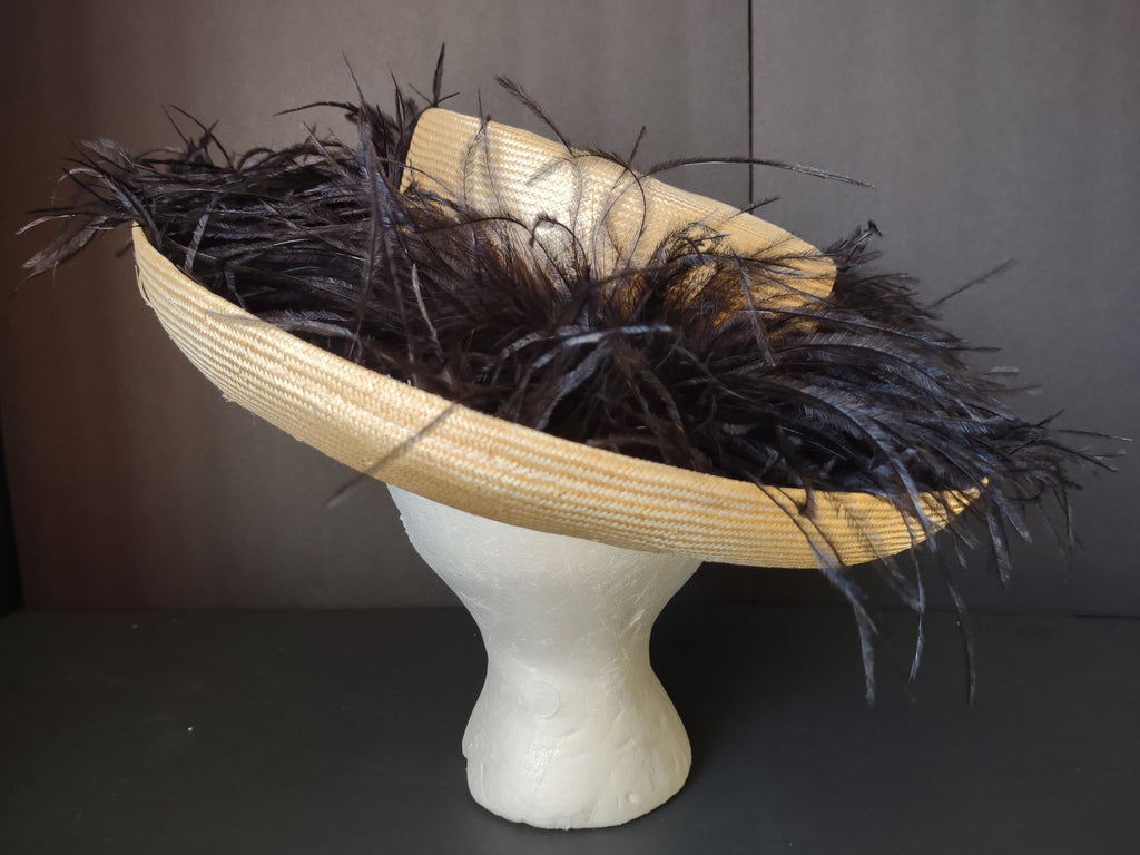 Vintage Gold Woven Wide Brim Hat Black Feather Trim Women's Dress Hat [8119n]