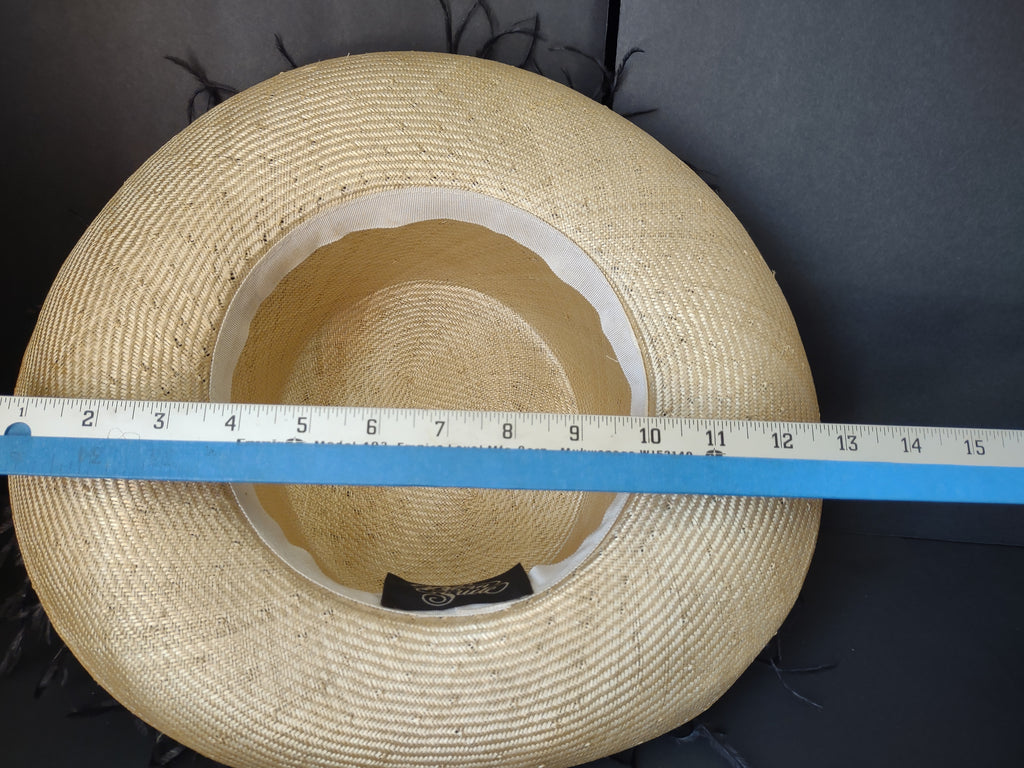 Vintage Gold Woven Wide Brim Hat Black Feather Trim Women's Dress Hat [8119n]