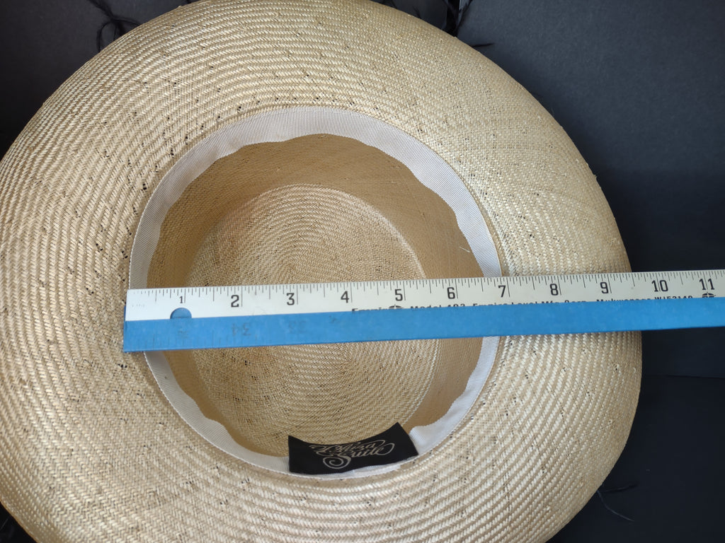 Vintage Gold Woven Wide Brim Hat Black Feather Trim Women's Dress Hat [8119n]
