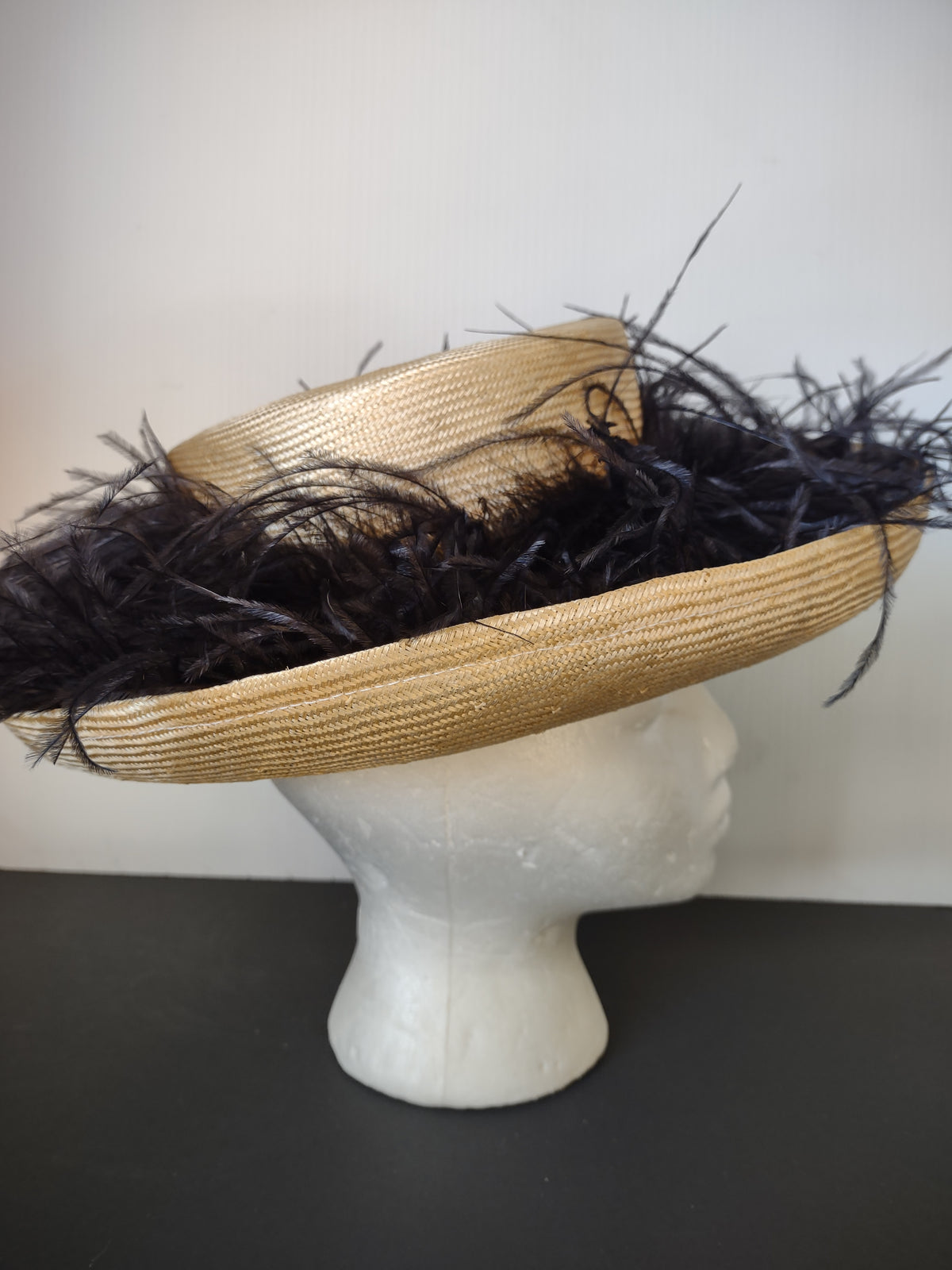 Vintage Gold Woven Wide Brim Hat Black Feather Trim Women's Dress Hat [8119n]