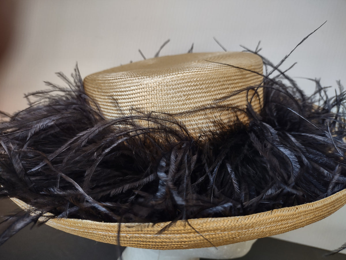 Vintage Gold Woven Wide Brim Hat Black Feather Trim Women's Dress Hat [8119n]