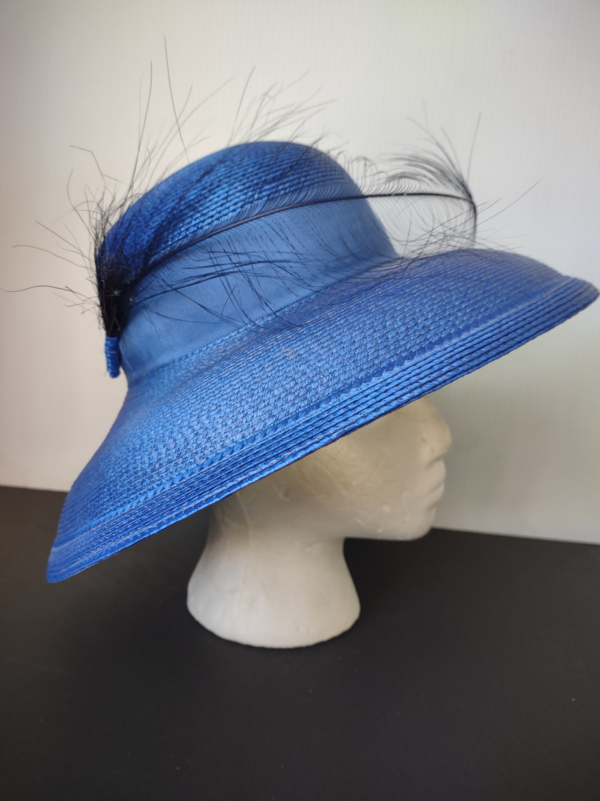 Vintage Designer Sylvia Blue Wide Brim Hat with Feather Trim Dress Hat [8120n]