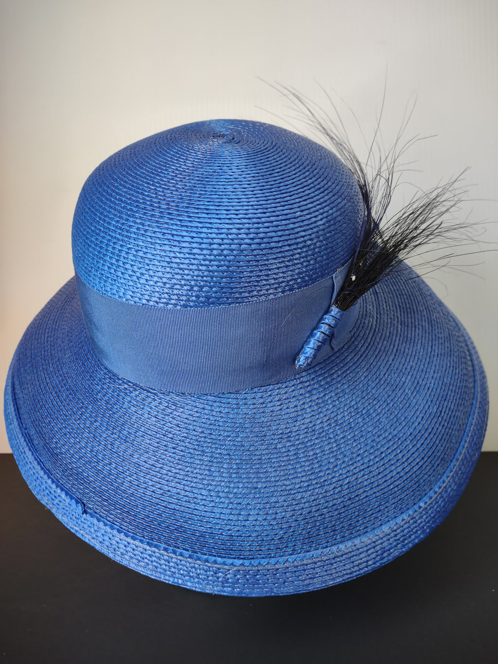 Vintage Designer Sylvia Blue Wide Brim Hat with Feather Trim Dress Hat [8120n]
