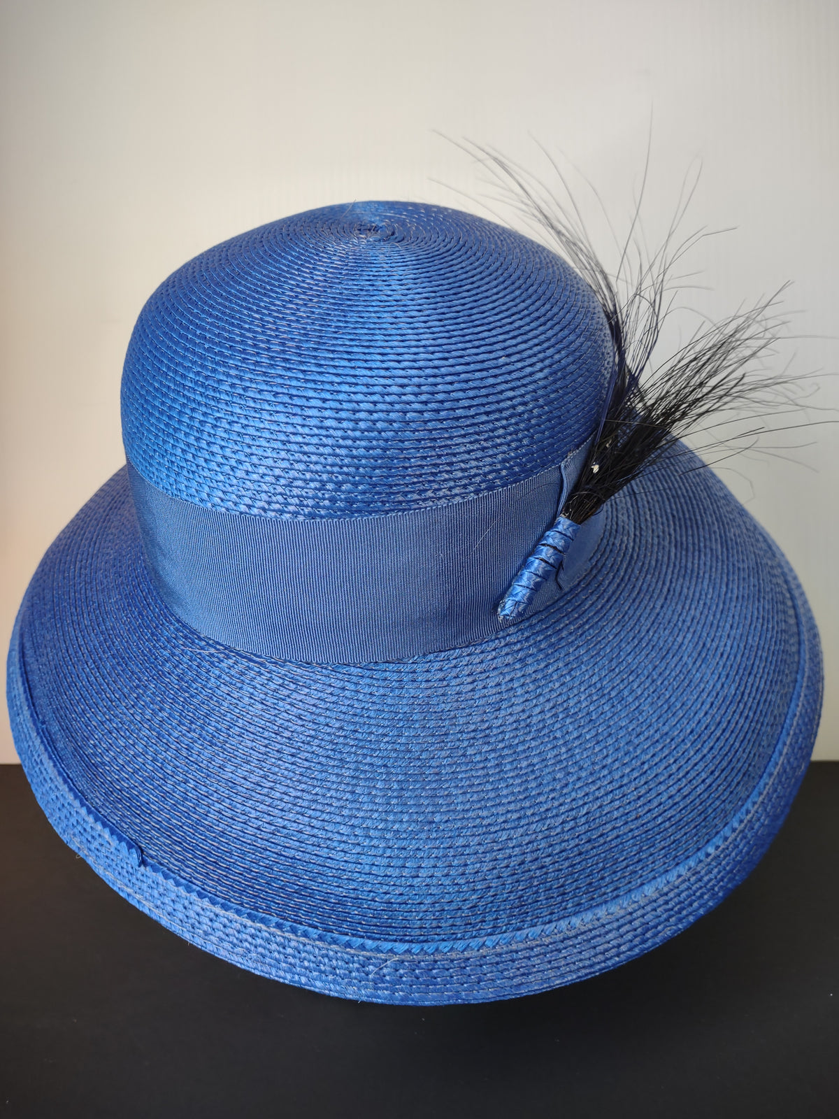 Vintage Designer Sylvia Blue Wide Brim Hat with Feather Trim Dress Hat [8120n]