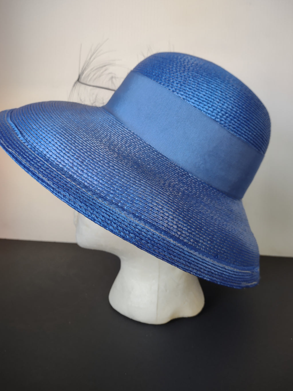Vintage Designer Sylvia Blue Wide Brim Hat with Feather Trim Dress Hat [8120n]