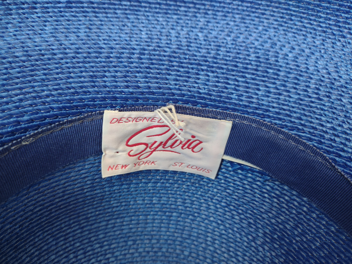 Vintage Designer Sylvia Blue Wide Brim Hat with Feather Trim Dress Hat [8120n]