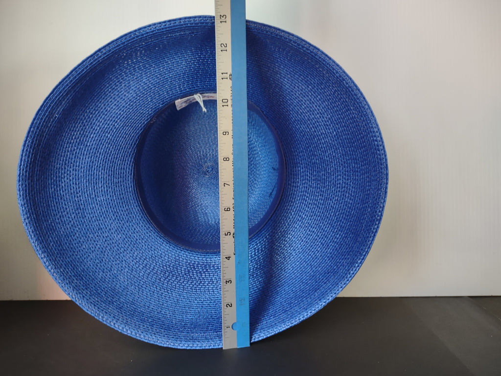 Vintage Designer Sylvia Blue Wide Brim Hat with Feather Trim Dress Hat [8120n]
