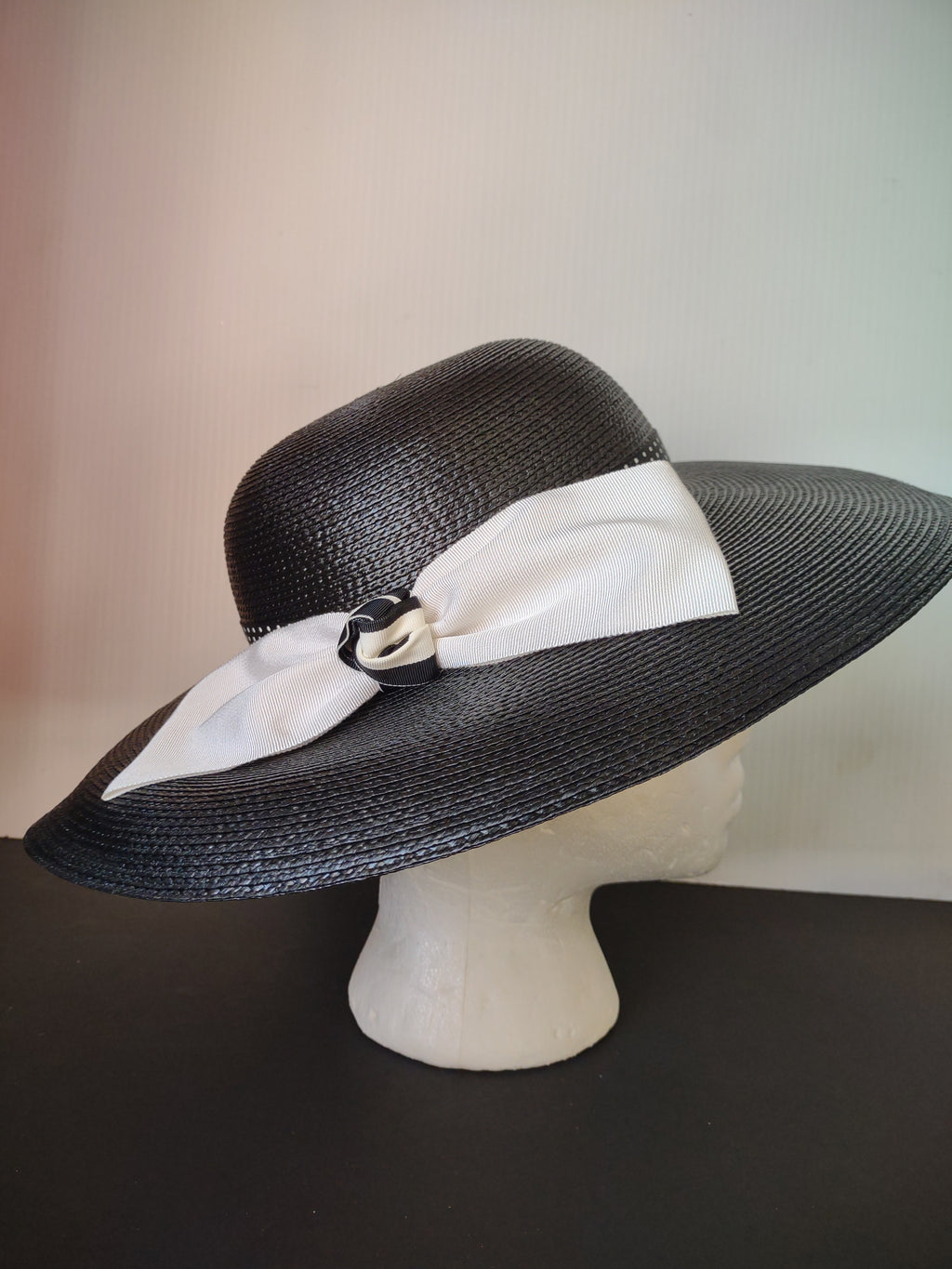 Vintage George's Black Wide Brim Woven Hat White Bow Women's Dress Hat [8121n]