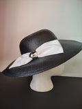 Vintage George's Black Wide Brim Woven Hat White Bow Women's Dress Hat [8121n]
