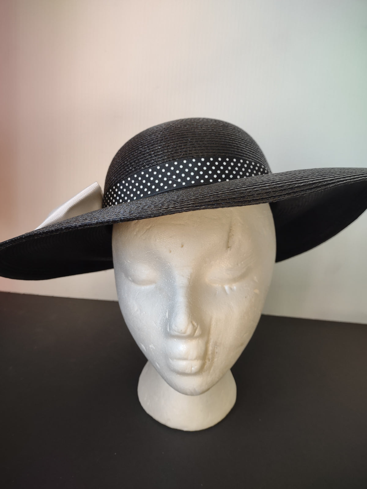 Vintage George's Black Wide Brim Woven Hat White Bow Women's Dress Hat [8121n]