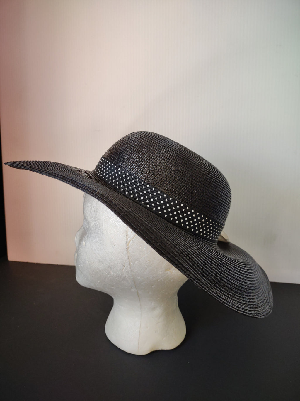Vintage George's Black Wide Brim Woven Hat White Bow Women's Dress Hat [8121n]