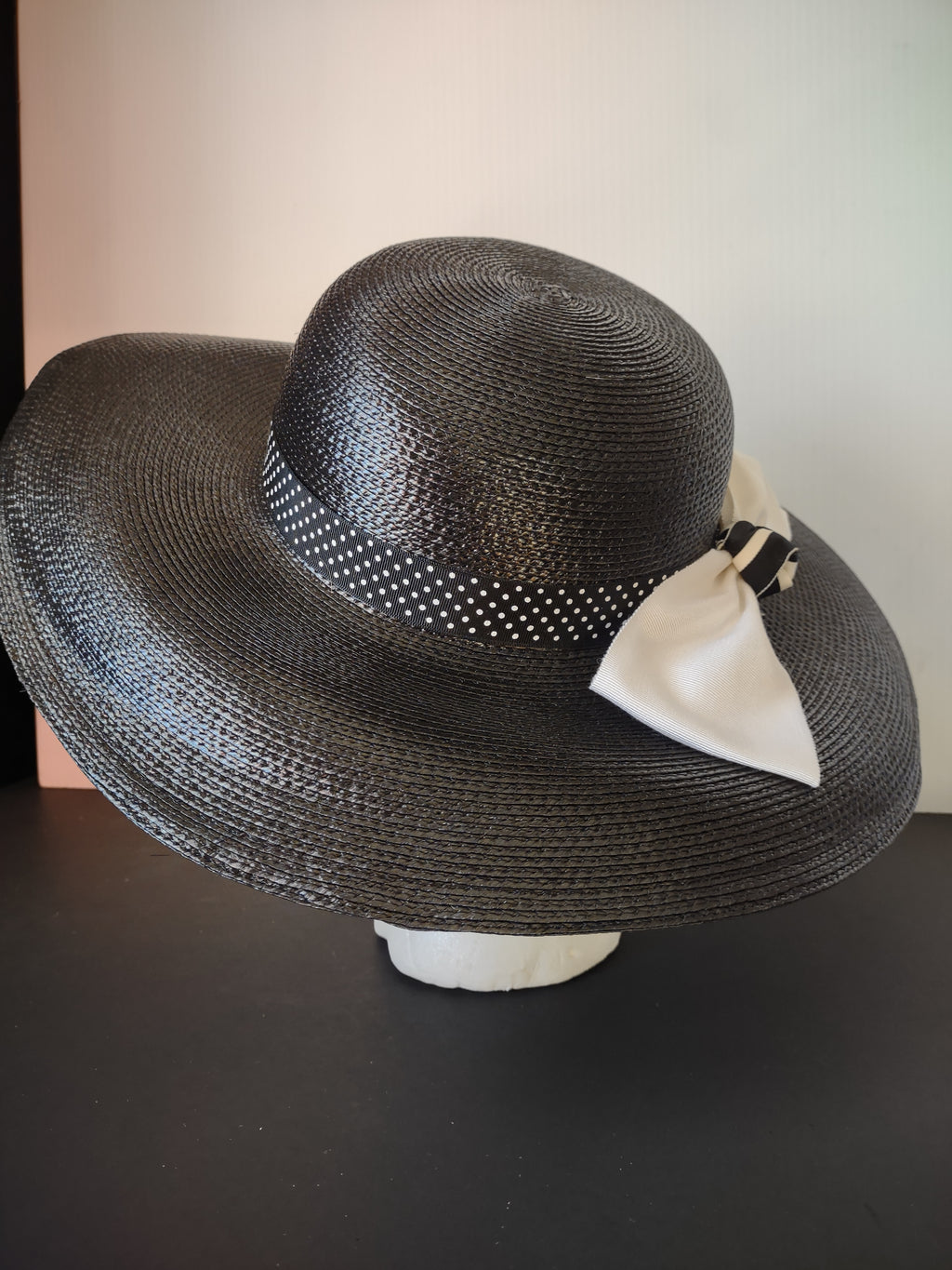 Vintage George's Black Wide Brim Woven Hat White Bow Women's Dress Hat [8121n]