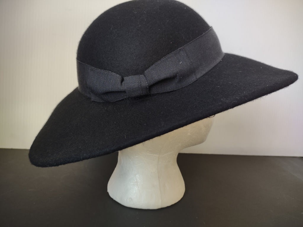 Vintage Nordstrom Black Wool Felt Wide Brim Hat Bow Made in Italy [8122n]