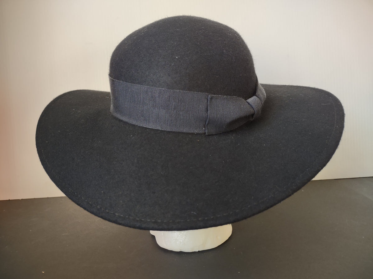 Vintage Nordstrom Black Wool Felt Wide Brim Hat Bow Made in Italy [8122n]