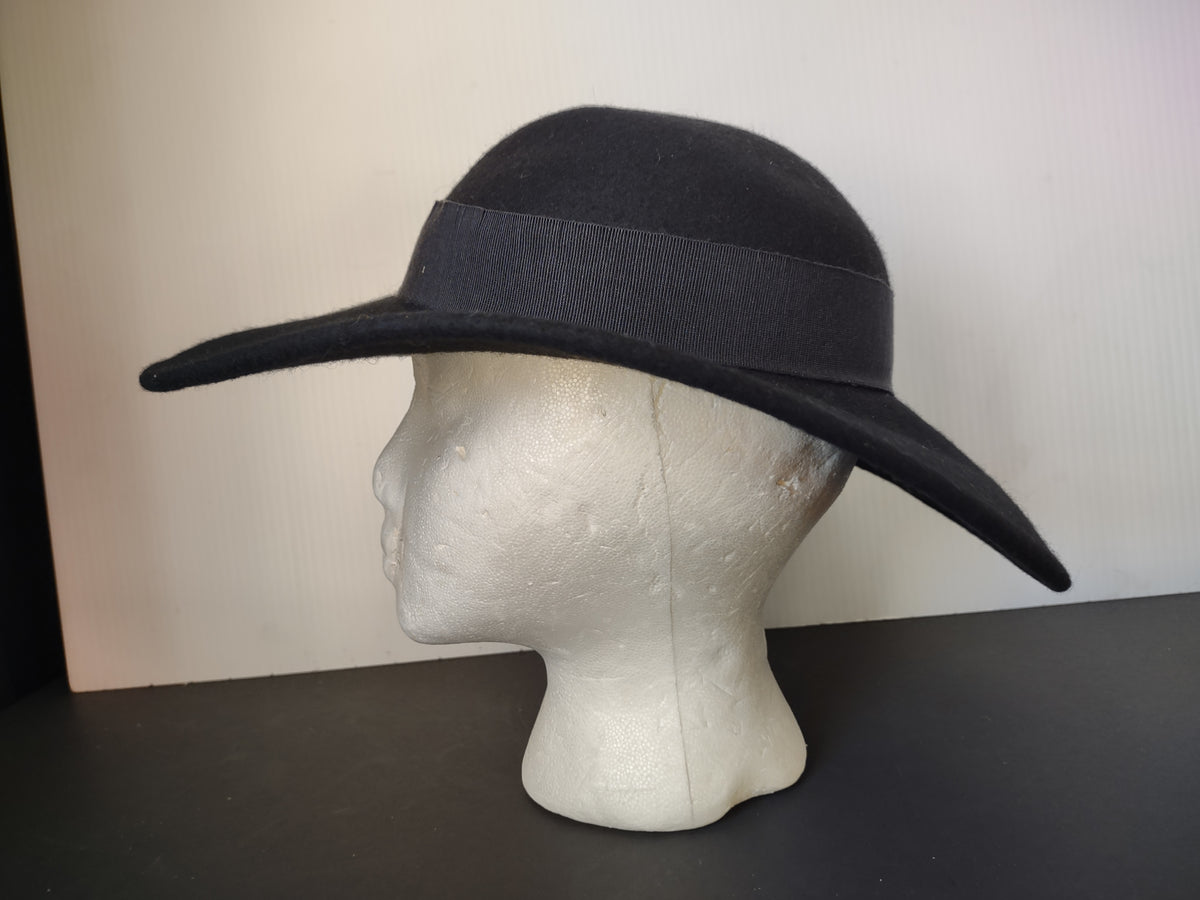 Vintage Nordstrom Black Wool Felt Wide Brim Hat Bow Made in Italy [8122n]