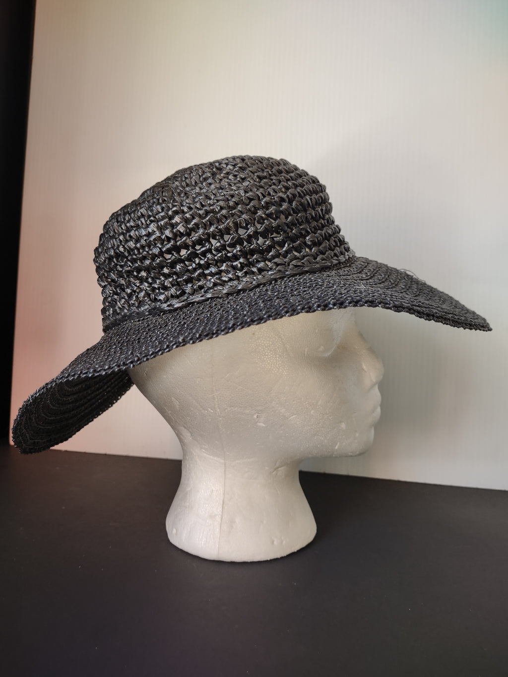 Vintage Black Open Weave Wide Brim Sun Hat Women's Summer Garden Style [8123n]