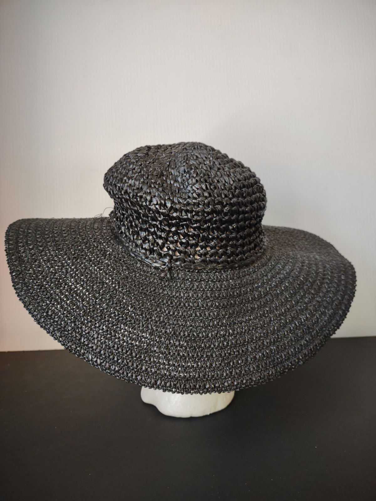 Vintage Black Open Weave Wide Brim Sun Hat Women's Summer Garden Style [8123n]