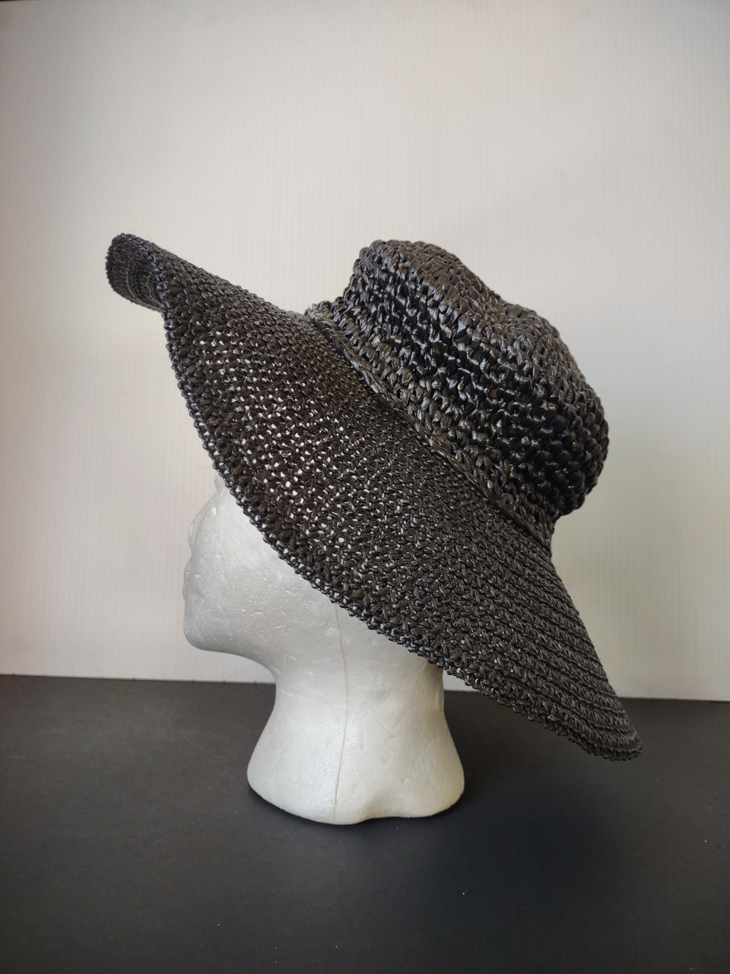 Vintage Black Open Weave Wide Brim Sun Hat Women's Summer Garden Style [8123n]