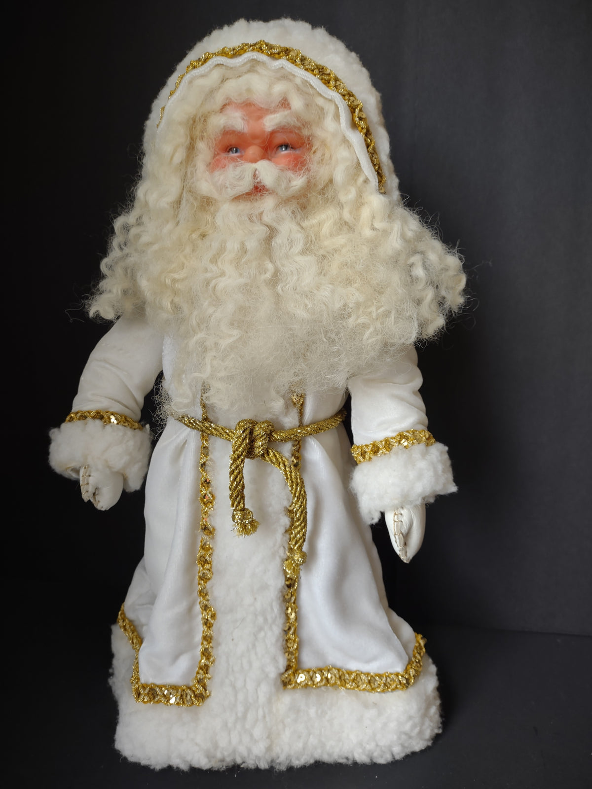 Vintage Santa Claus Figure White Faux Fur Gold Trim Blue Eyes Christmas 18" [8130n]