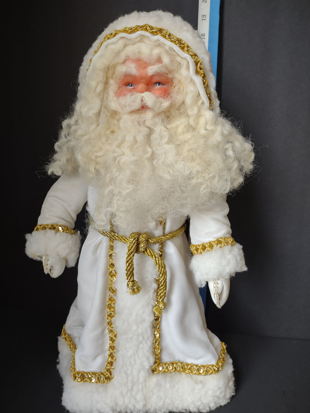 Vintage Santa Claus Figure White Faux Fur Gold Trim Blue Eyes Christmas 18" [8130n]
