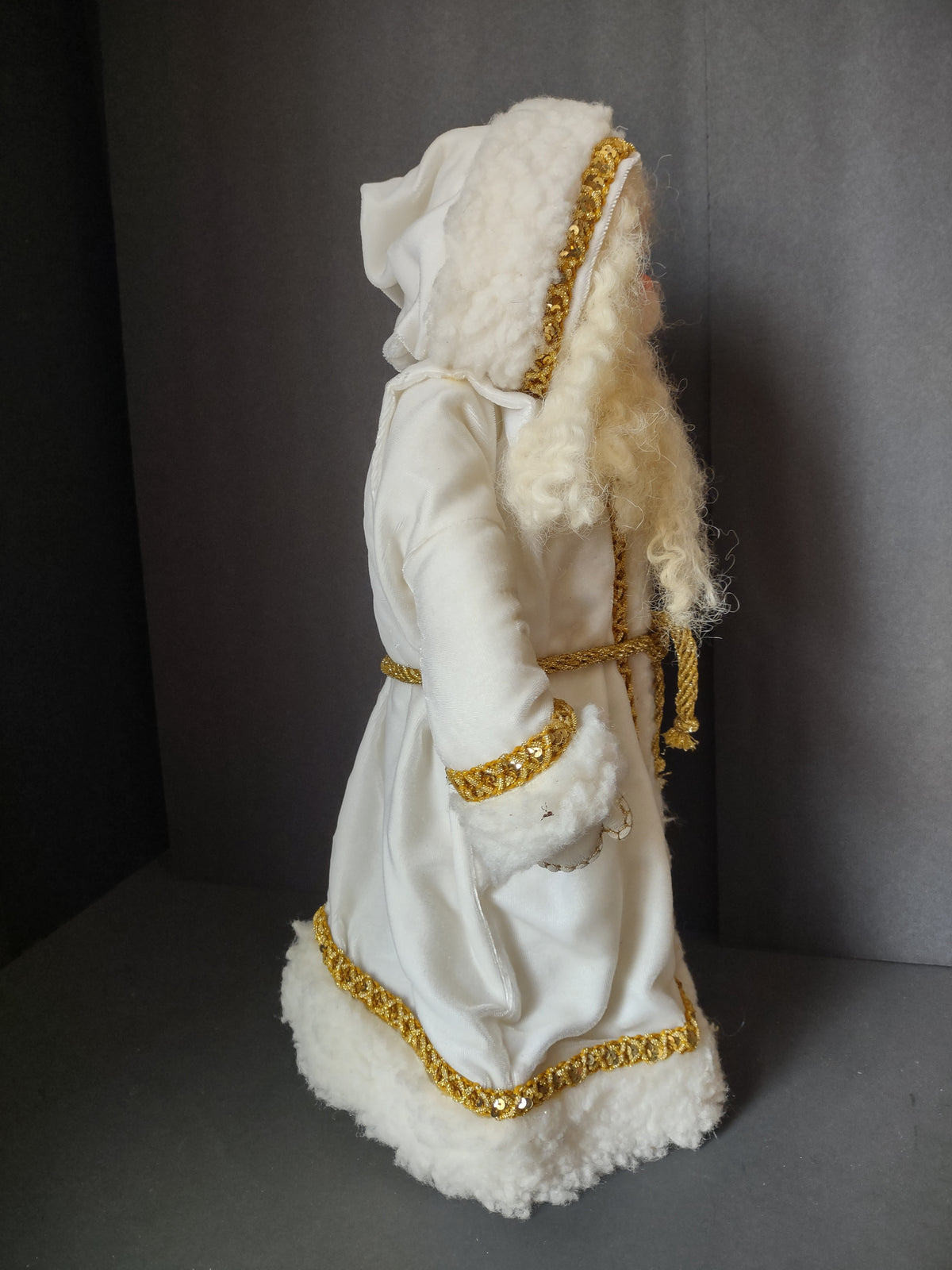 Vintage Santa Claus Figure White Faux Fur Gold Trim Blue Eyes Christmas 18" [8130n]