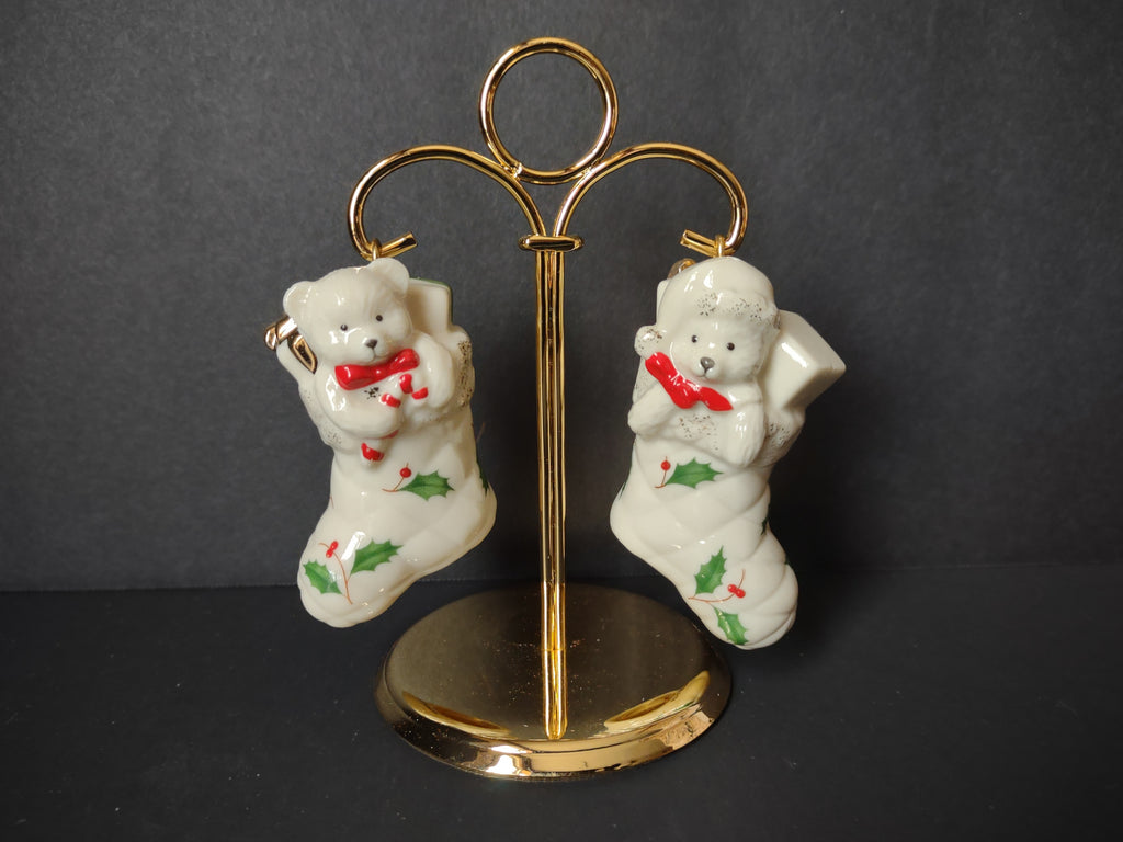Vintage Christmas Lenox Teddy Bear Stocking Salt Pepper Shakers Gold Stand [8131n]