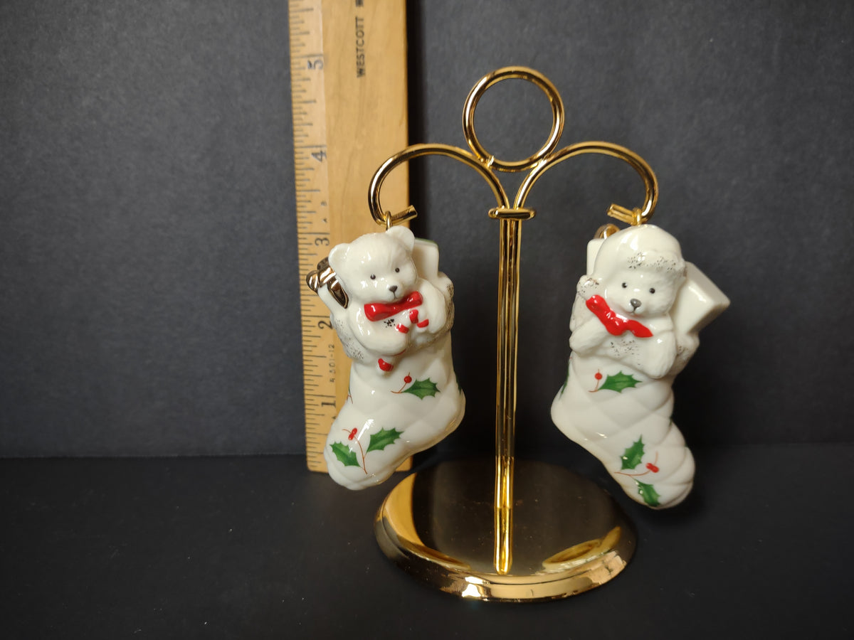Vintage Christmas Lenox Teddy Bear Stocking Salt Pepper Shakers Gold Stand [8131n]