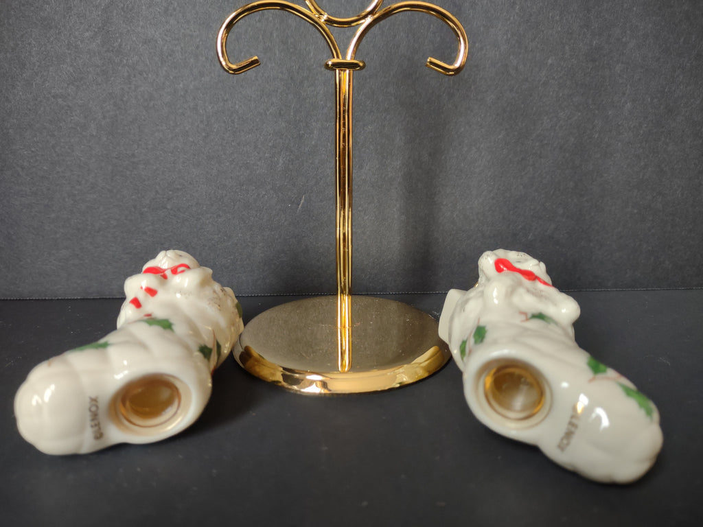 Vintage Christmas Lenox Teddy Bear Stocking Salt Pepper Shakers Gold Stand [8131n]