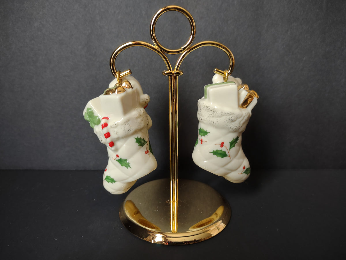 Vintage Christmas Lenox Teddy Bear Stocking Salt Pepper Shakers Gold Stand [8131n]