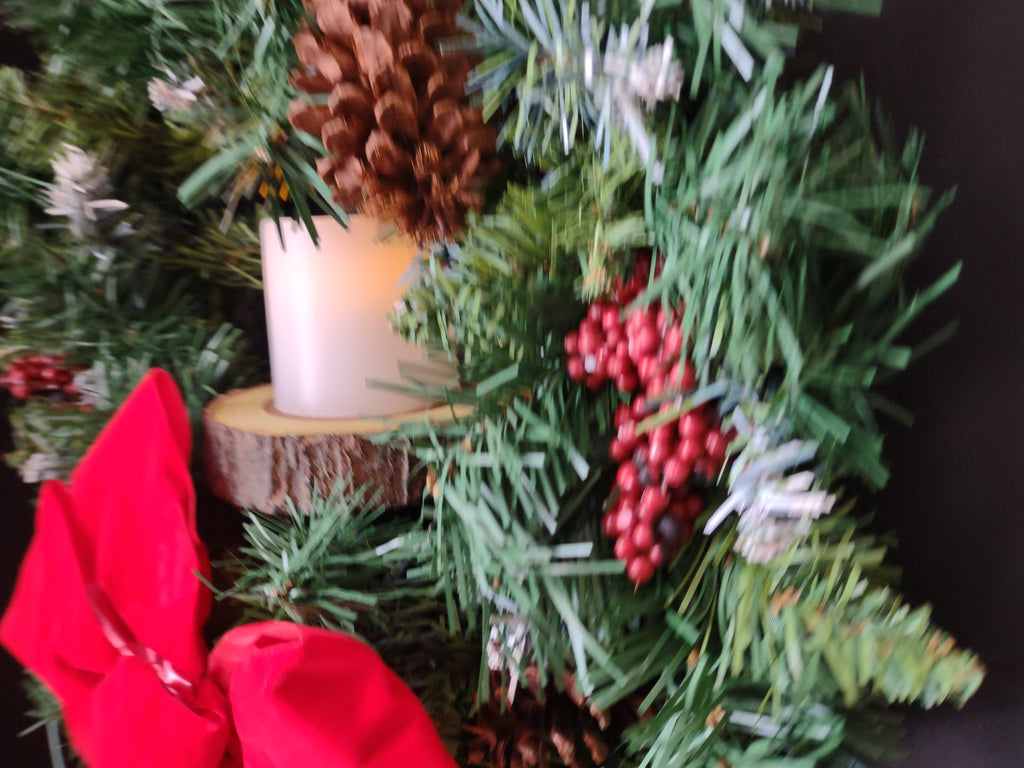 Vintage Paradise Christmas Wreath Red Bow Battery Flameless Candle 22" [8133n]